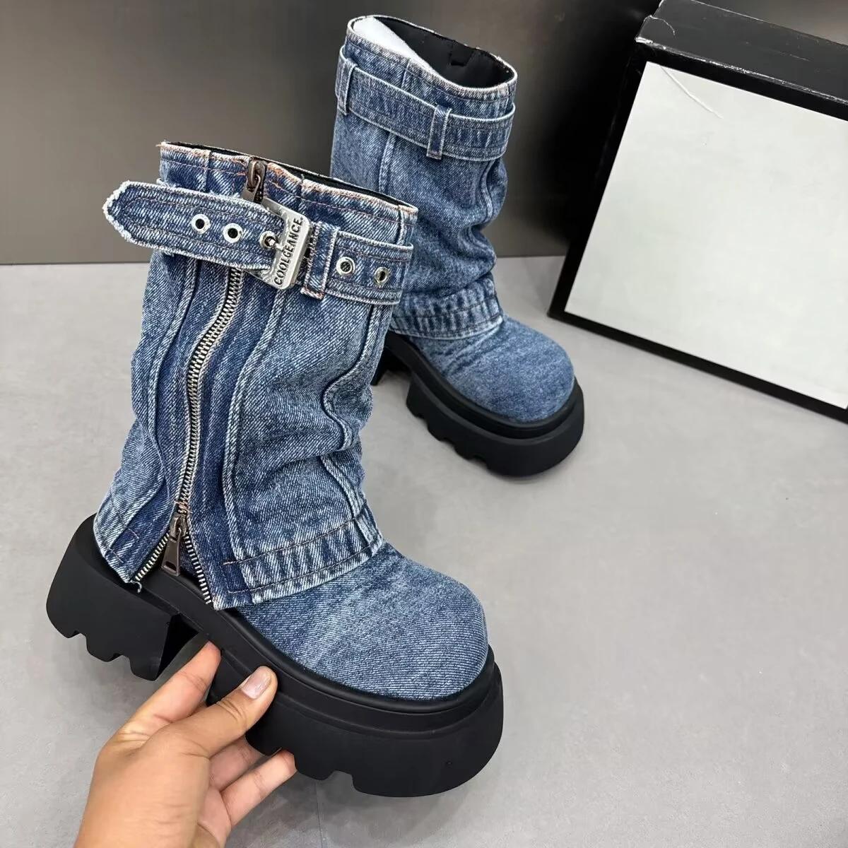 

2025 Designer Denim Women Ankle Boots Fashion Elegant Side Zippers Belt Buckle Shoes Thick Heel Women s Morder Short Booties 35 синій