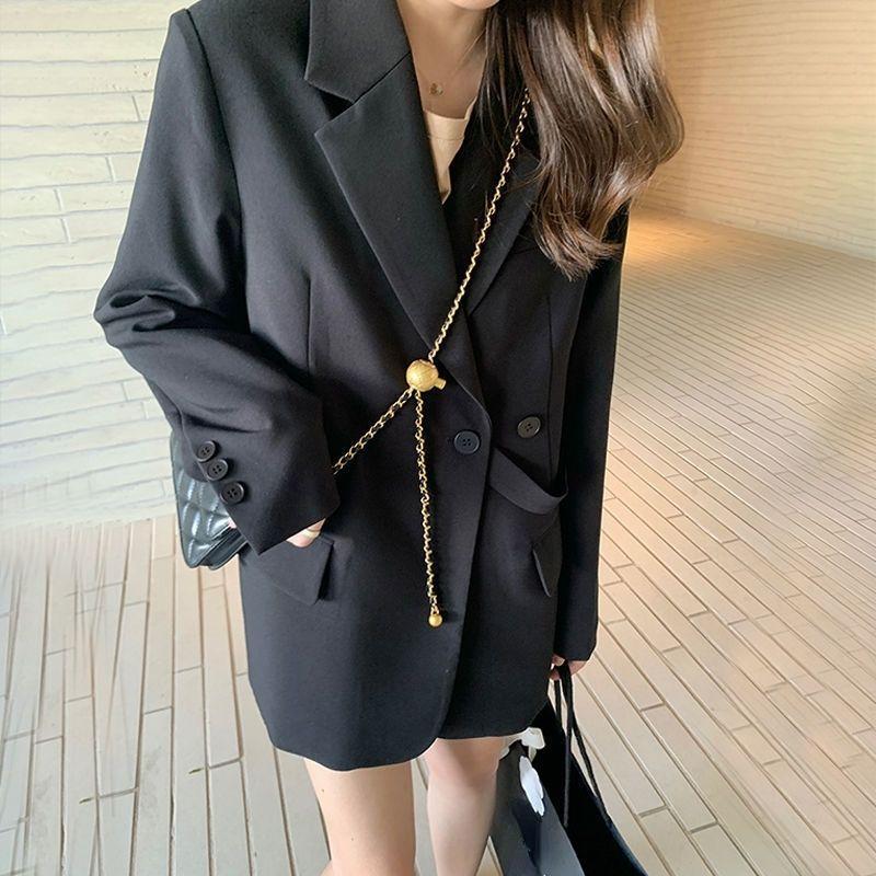 Fashion Krean Loose Green Blazer for Women with Belt Buttons Loose Black Coat