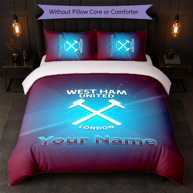 Set Biancheria da Letto Personalizzato West Ham United FC Testo Nome 1 Copripiumino+2 Federe Logo Calcio Regalo Personalizzato per Occasione Speciale Decorazione Camera da Letto