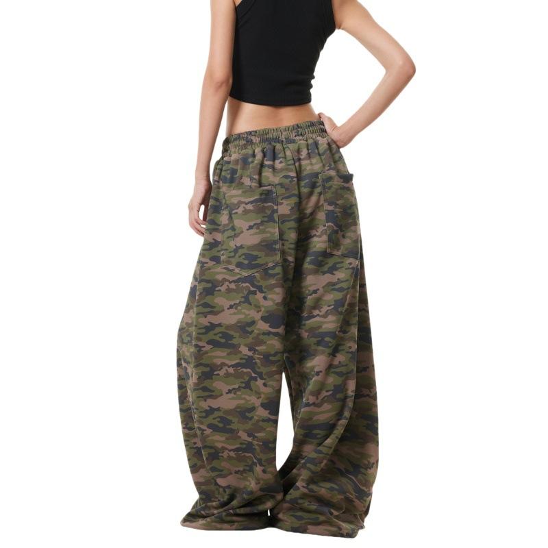 American Retro Trendy Brand Drawstring Camouflage Sweatpants Women's Summer New Casual Straight Loose Wide-leg Trousers