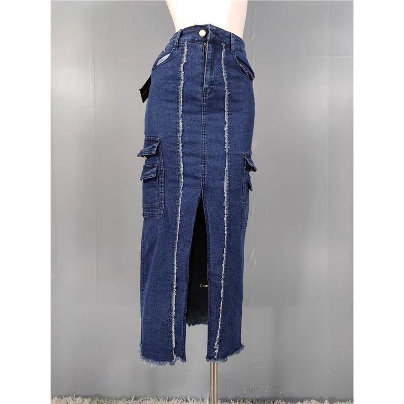 Foreign Trade High Texture High Waist Sheath Front Slit Retro Washed Burr Design Sense A Word Denim Pocket Skirt