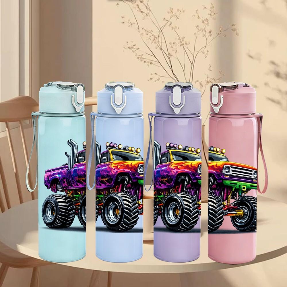 1PC Purple Fire Monster Truck Print 750ml Color Plastic Sports Water Bottle Leakproof Flip Straw Lid Suitable for Sports Office Home Use
