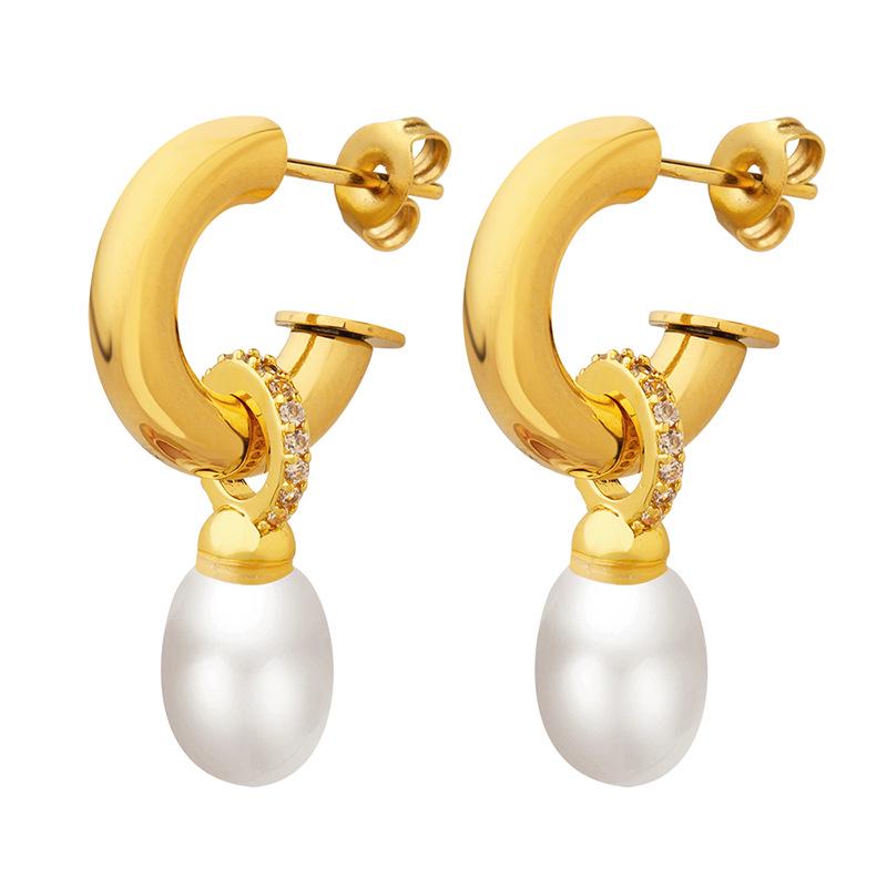 Baroque Pearl C-Shaped Titanium Earrings for Girls - Non-Fading, European & American Style
