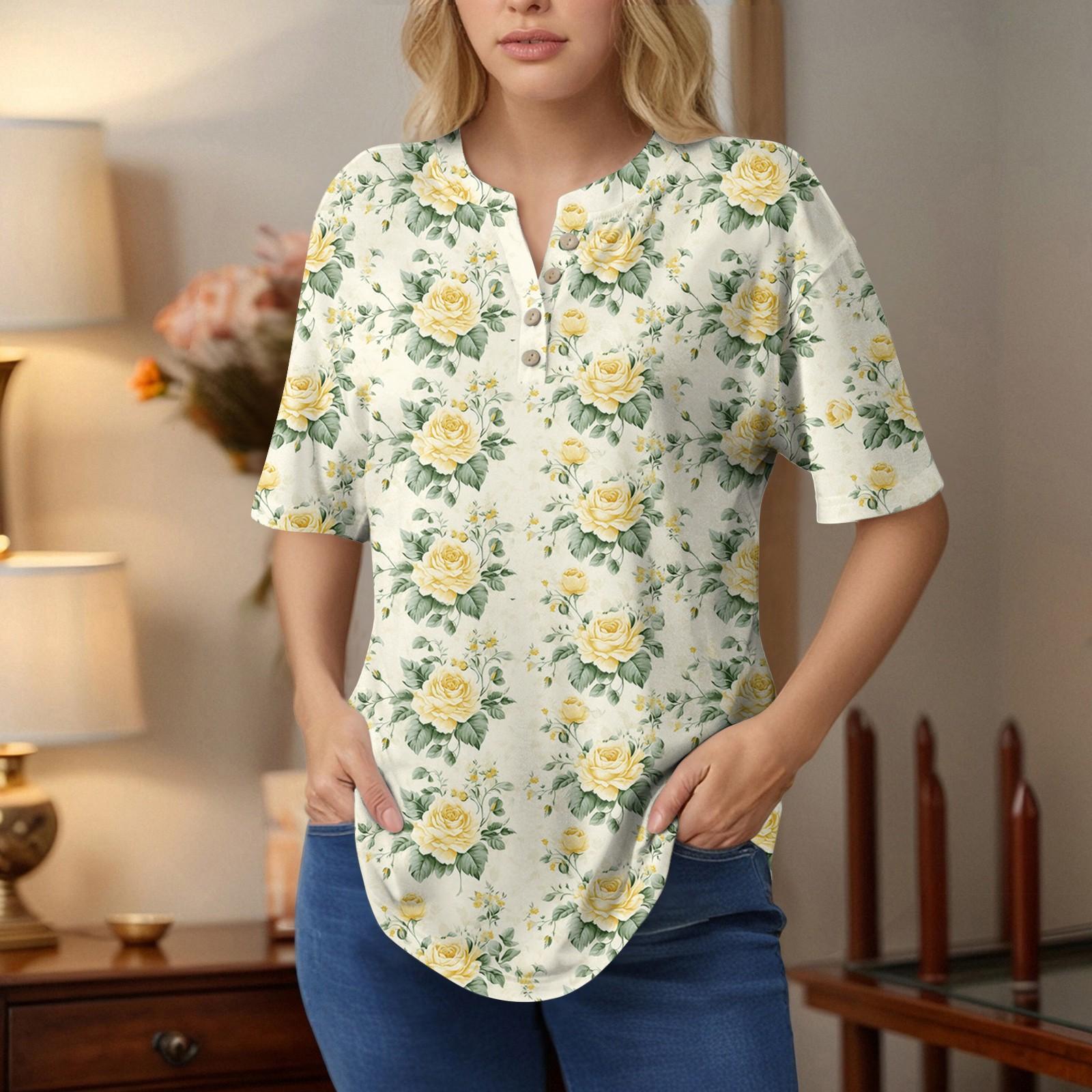 

Короткие рукава женские топы летние футболки цветочный принт V-образный вырез повседневные базовые футболки рубашки на пуговицах туники XXL жёлтый