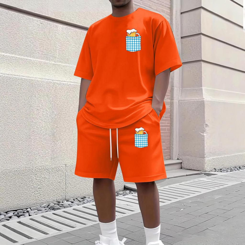Herren Casual Kurzarm T-Shirt und Shorts Set Rundhalsausschnitt Oberteil und Bund mit Kordelzug Unterteil mit Taschen detail Geeignet für den täglichen Gebrauch