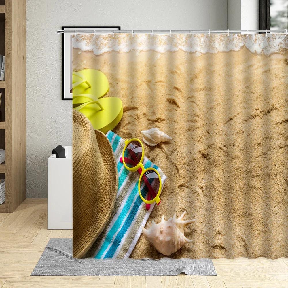 Summer Seaside Shower Curtain Sea Beach Shell Bathroom Decor Palm Tree Ocean Scenery Curtains With Hook Waterproof Wall Covering