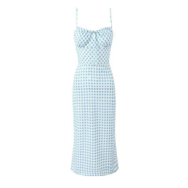 

Realisa * Yi Mengling Same Style French Sweet Blue Plaid Suspender Skirt Seaside Beach Vacation Style Dress Blue Check L