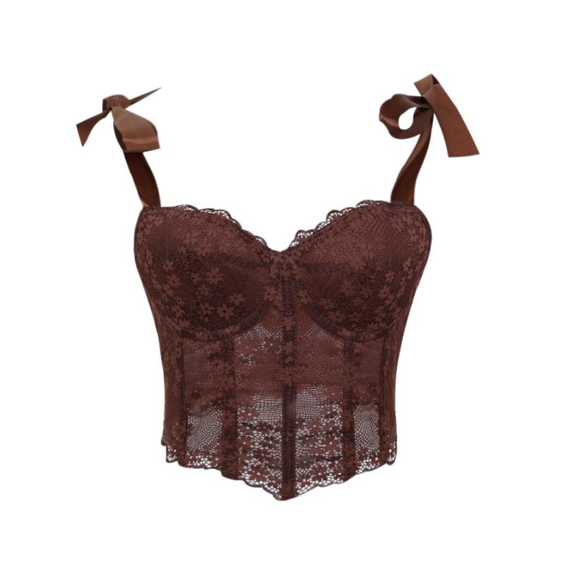Spitzen-Schleifenband Korsett-Oberteil durchsichtiges Netz Bustier Crop-Top mit Stäbchen für Damen