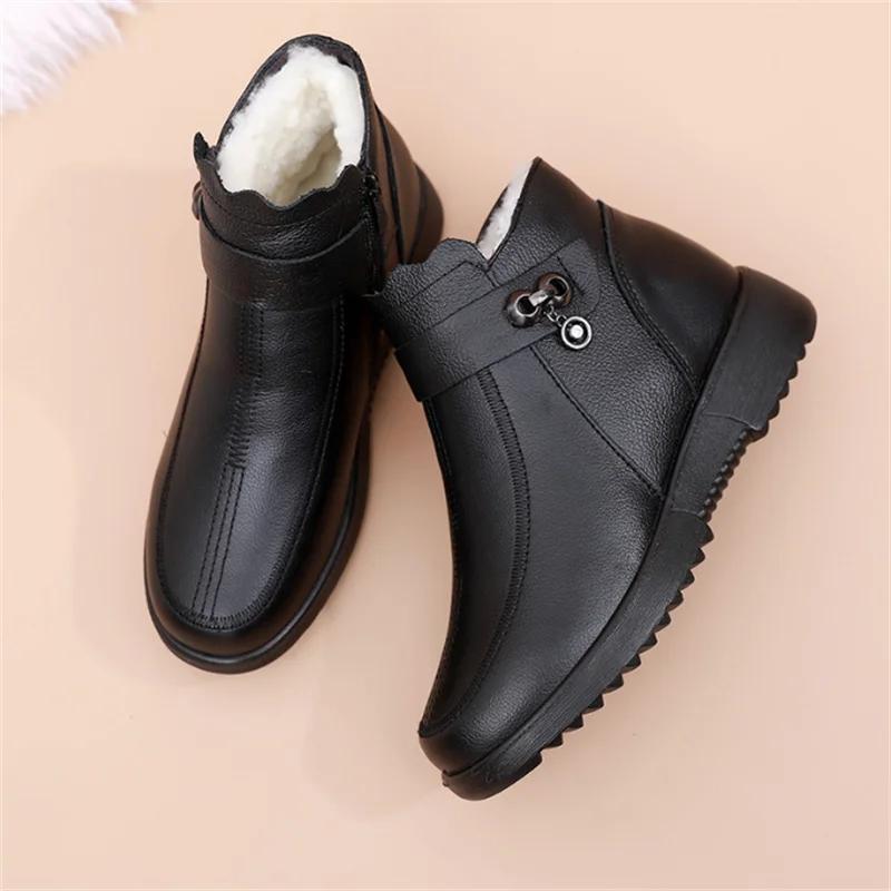 Winter Shoes New Women Boots Genuine Leather Wedge Heels Non-slip Winter Women's Shoes Mother Warm Boots Famale Snow Boots