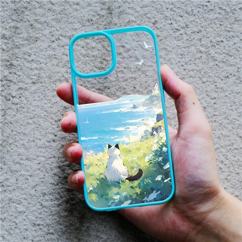 Luxury Scene Lovely Cat Case For IPhone 13 11 12 14 15 Pro Max 7 8 Plus XR XS Max Woman Cute Clear Back Cover Phone Accessories