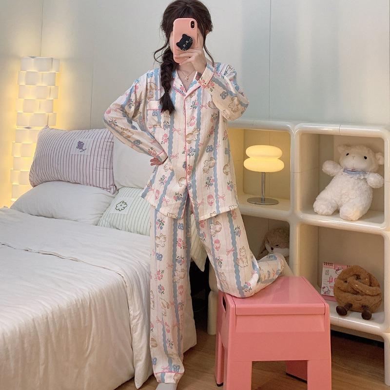 9Night Wear Woman Sexy Sweet Style Cartoon Kitten Long Sleeve Pants Pajamas Clouds Cotton Cardigan Student Loungewear Large Size