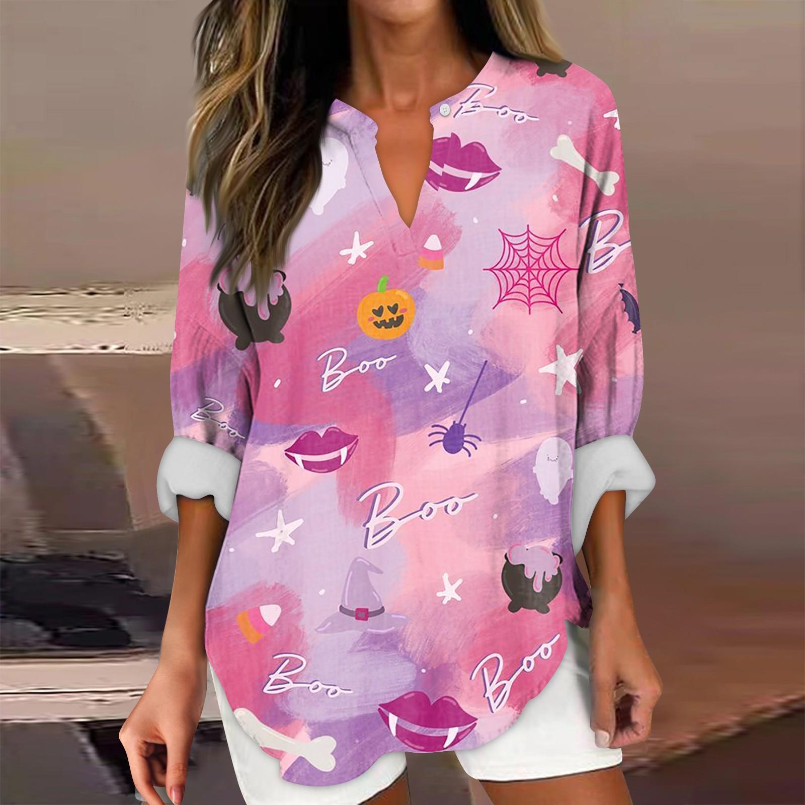 

Женские модные повседневные женские топы с v-образным вырезом и длинным рукавом с принтом на Хэллоуин XL розовый