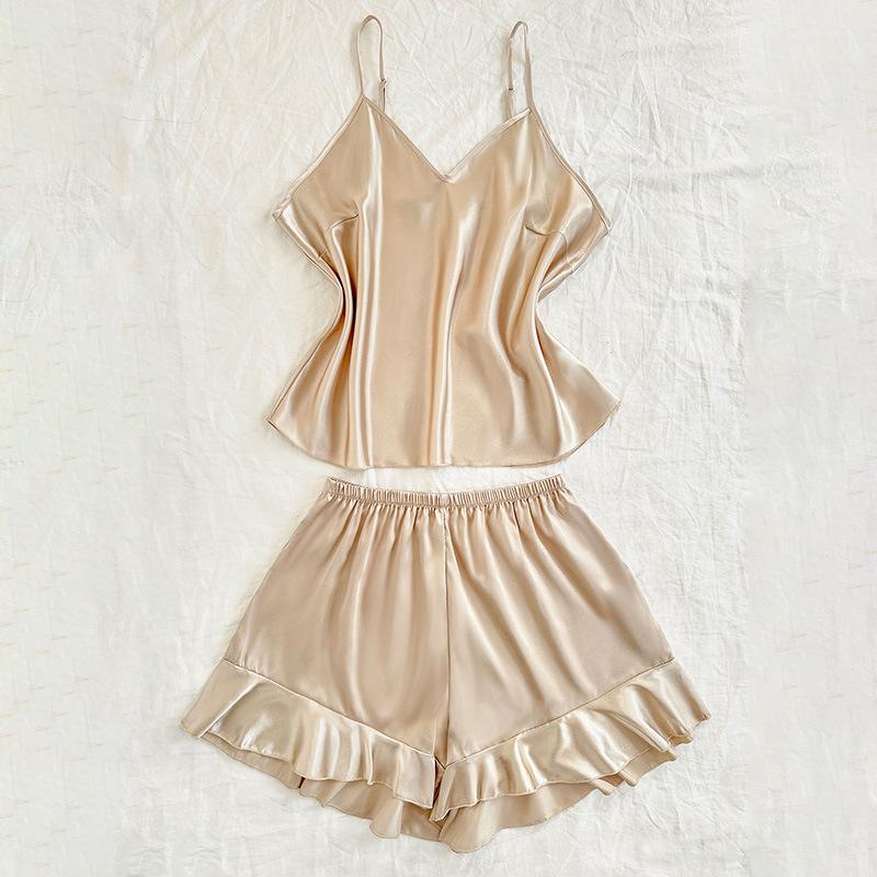 Large-sized Women's Ice Silk Home Wear, Simple and Thin Imitation Silk Pajamas, Fashionable Lace-up Casual Pajamas