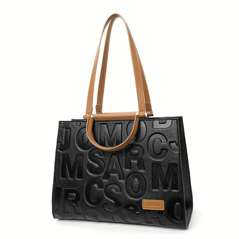 Luxury Leather Tote Bag, Large Capacity Handbag, Letter Embossed Shoulder Bag, Purse For Women