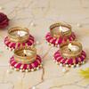 Set of 4 Pink & Golden Round Shaped Beaded Decorative Tea Light Candle Holders - Perfect for Diwali, Navratri, and Christmas Festivals