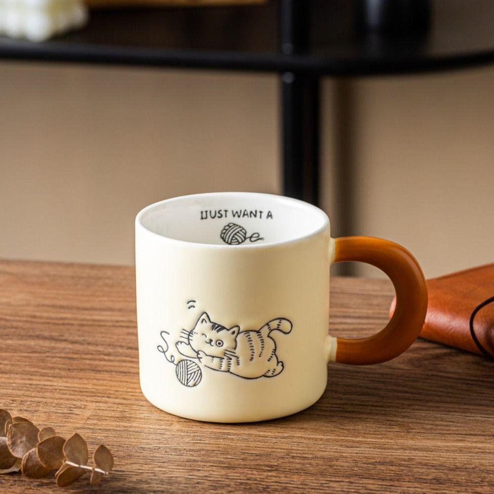 Cute Cat Pattern Ceramic Coffee Cup Hand Drawn Water Cup with Lid  Kitchen Drinkware
