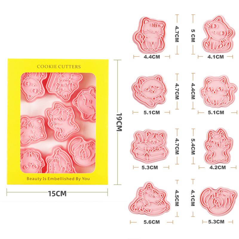 8Pcs Cat Cookie Mold Set Cartoon Cat Claw Fish Bone Shape Cookie Stamp Fondant Cake Decoration Tools 3D Hand Pressure Plastic