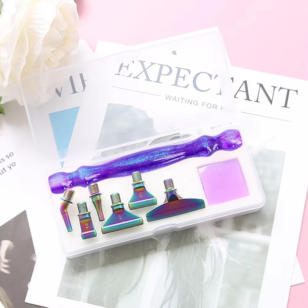 Purple 5D DIY Diamond Pen Set Resin Diamond Painting Tool Point Drill Pen with Thread Multifunctional 6 Metal Pen Heads and Clay
