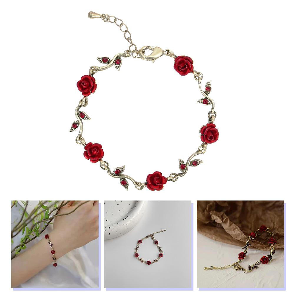 Adjustable Rose Flower Charm Wrist Chain Valentine s Day Gift For Girls Red Long Stem Flower Chain Bracelet Bangle With Lobster