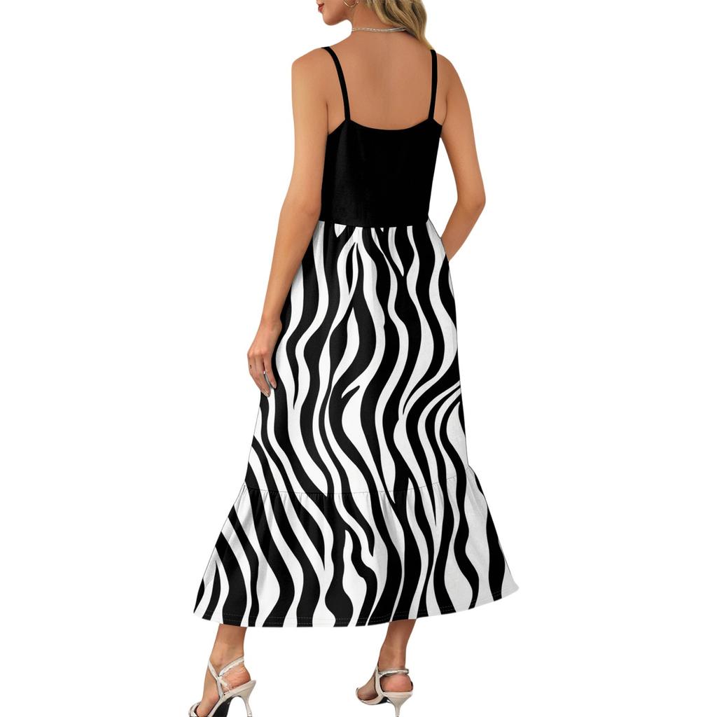 Women's Long Beach Casual Elegant Spaghetti Strap Maxi Dress Striped Low-key Flowing Bohemian Dress