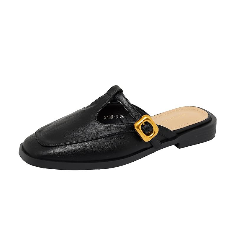 X139-3 French 2025 Summer New T-button Round Head Slippers Low Heel Mary Jane Shoes Comfortable Women's Outer Slippers
