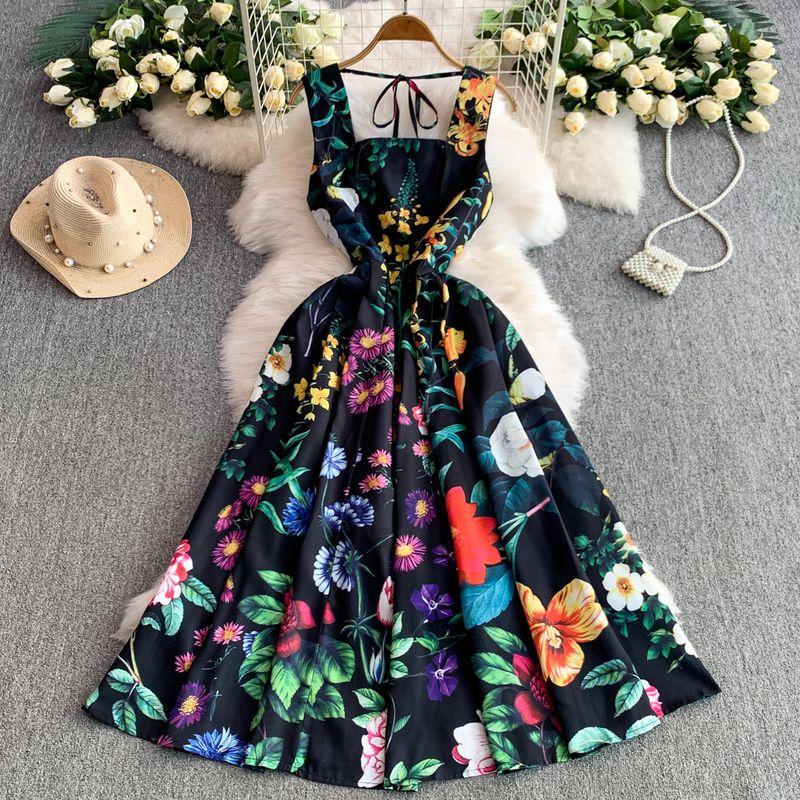 

High-End Big Brand Print Square Collar Sling Guest dresses Women Summer Slim fit Long Slimming Puffy Big Hemline Dress Black 2XL
