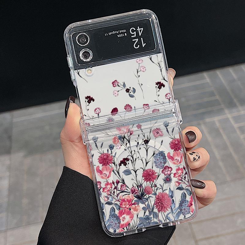 For Magsafe Magnetic 3PCS Case for Samsung Z Flip6 Flip5 Flip4 Shockproof Color Flower Pattern Transparent Pc Hard Slim Phone Case Cover