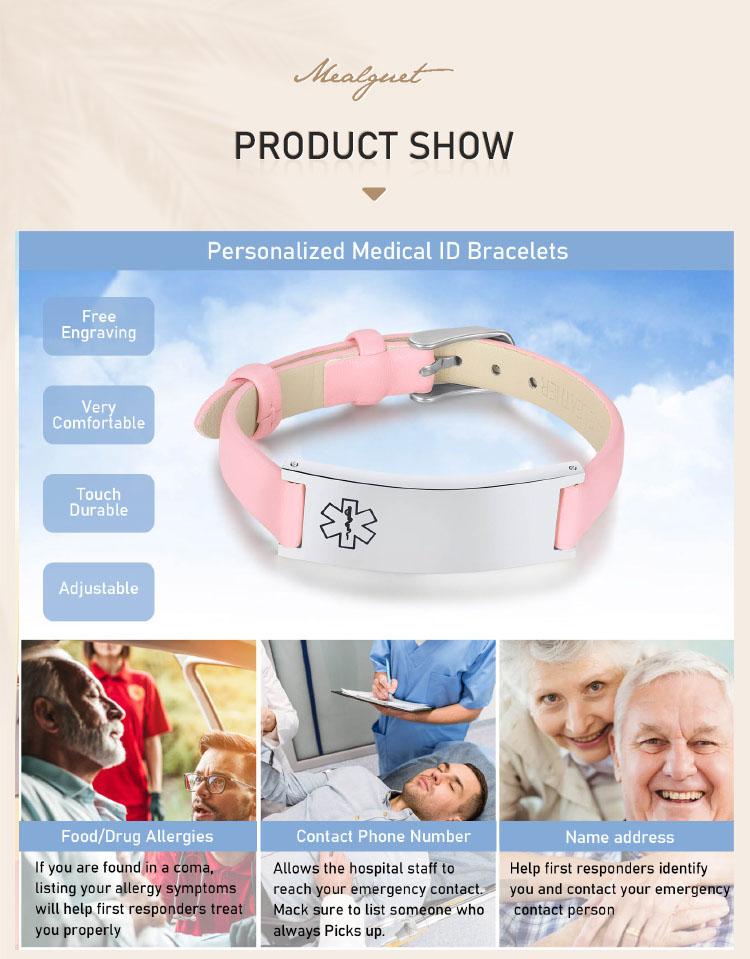 Braccialetto ID di Allerta Medica di Emergenza per Donne, Braccialetti in Vera Pelle con Incisione Gratuita, Gioielli Sportivi Personalizzabili per Diabetici