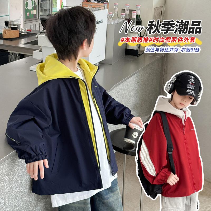 Boys' Spring and Autumn Coat 2026 New Style Big Boys' Spring Dress Boys' Red Spring Hooded Children's Handsome Fake Two Piece