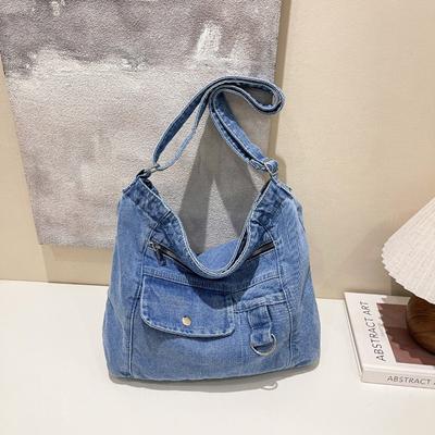 Fashionable Denim Tote Bag for Commuting, Single-shoulder Crossbody Bag, College Student Artistic Bag Pouch