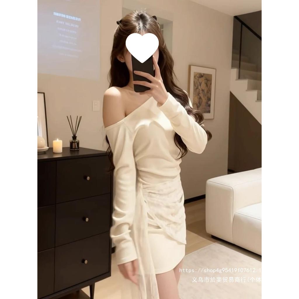 Fragrant White Slanted Shoulder Dress Women's New Spring Season High-end Waist Slim Hip Skirt