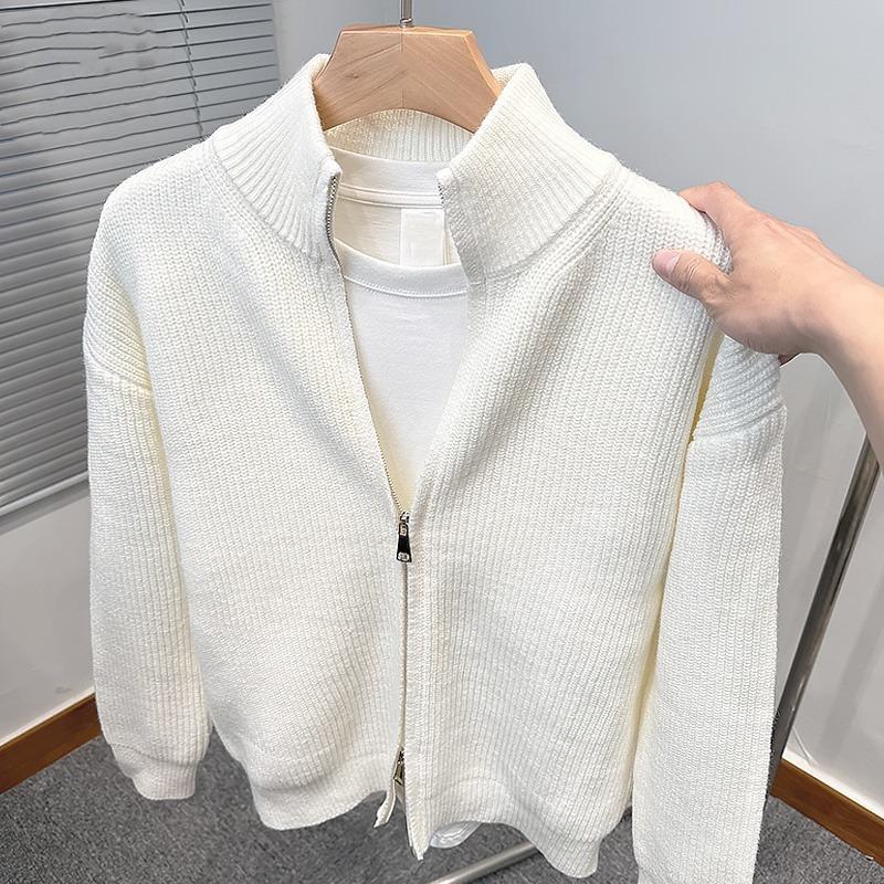 Herren Herbst Einfarbig Reißverschluss Strickpullover Slim Fit Stehkragen Jacke