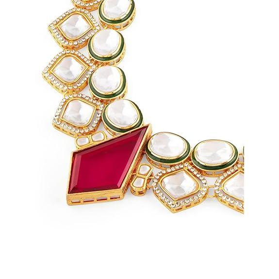 Pink Stone Green Meenakari Austrian Diamonds Embellished Necklace & Earring Set For Women