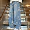 Printed Denim Men's Loose Fit Versatile Stylish Floor-Length Wide Leg Pants