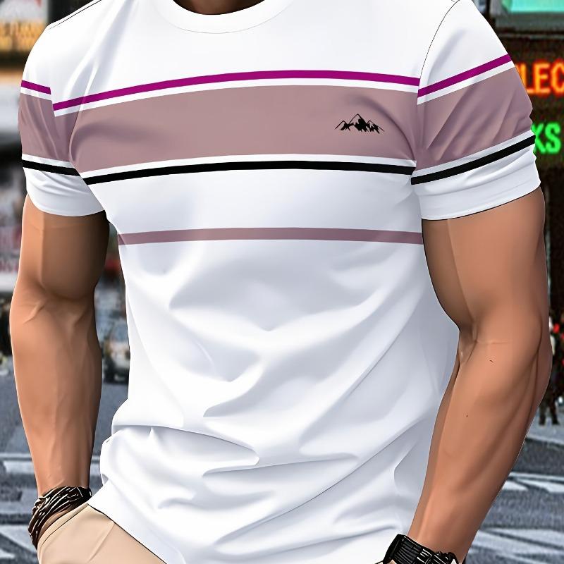 Camiseta Casual Masculina de Manga Curta - Listrada em Azul Brilhante, Vermelho e Branco com Estampa Digital 3D