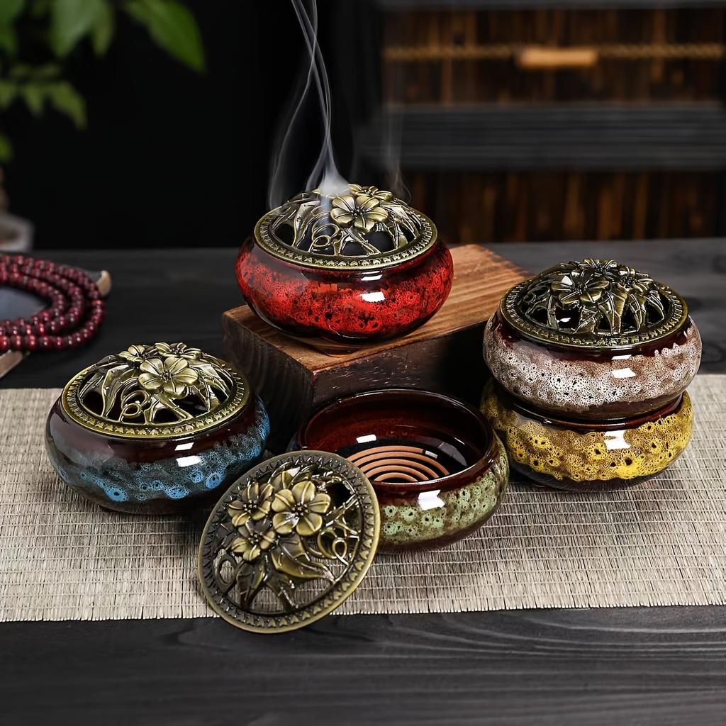Large Kiln-fired Ceramic Incense Holder Set with Vintage Brass Cover, Includes Fireproof Mat, Coiled Incense Tray and Mesh Cover