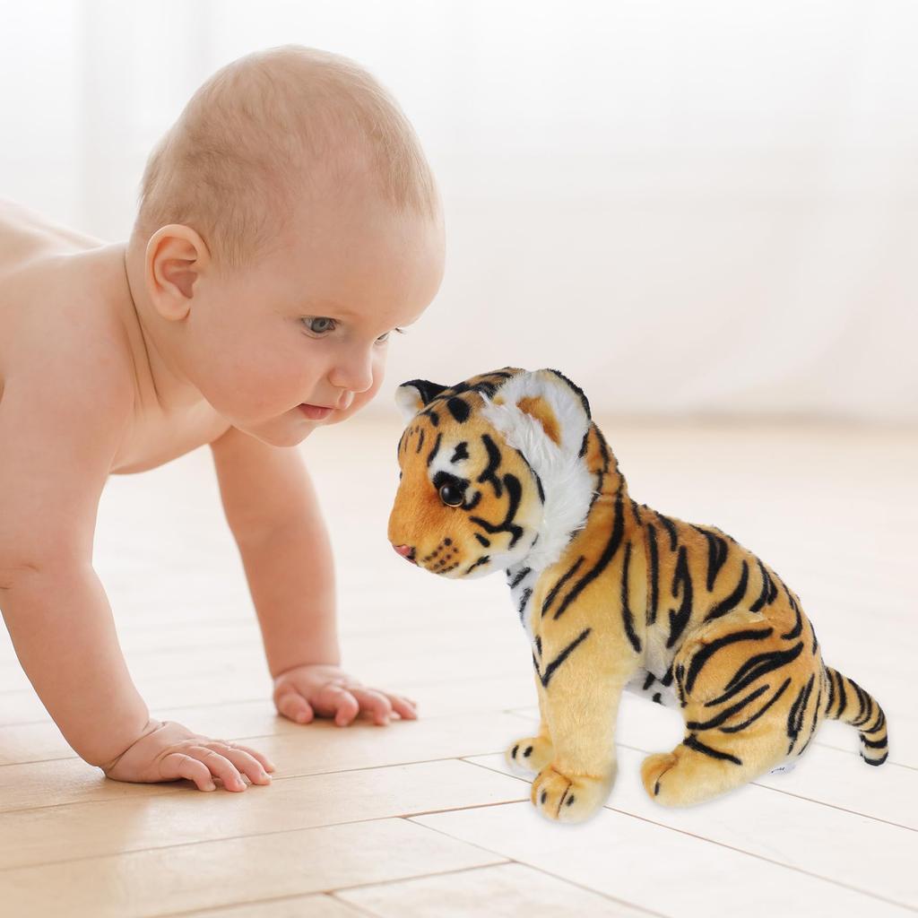 POPETPOP Tiger Plush Toy, Realistic, Year of the Tiger, 27cm, Fluffy Animal, Yellow, 27x15cm