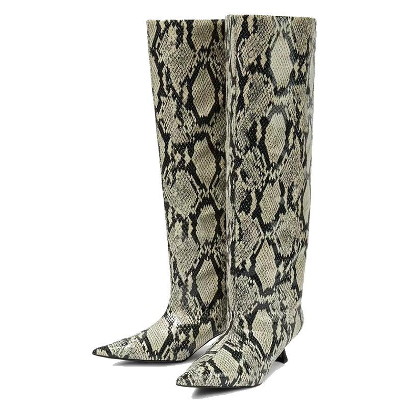 Fashion Brand Snake Pattern Low Heel Women's Knee Long Boots Fashion Stage Show Black Sexy Autumn and Winter Women's Shoes Size 34-43