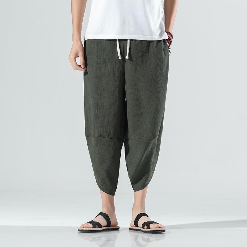 Chinese Style Summer Calf Length Casual Men's Pants Wide Leg Cotton Linen Harem Baggy Pants