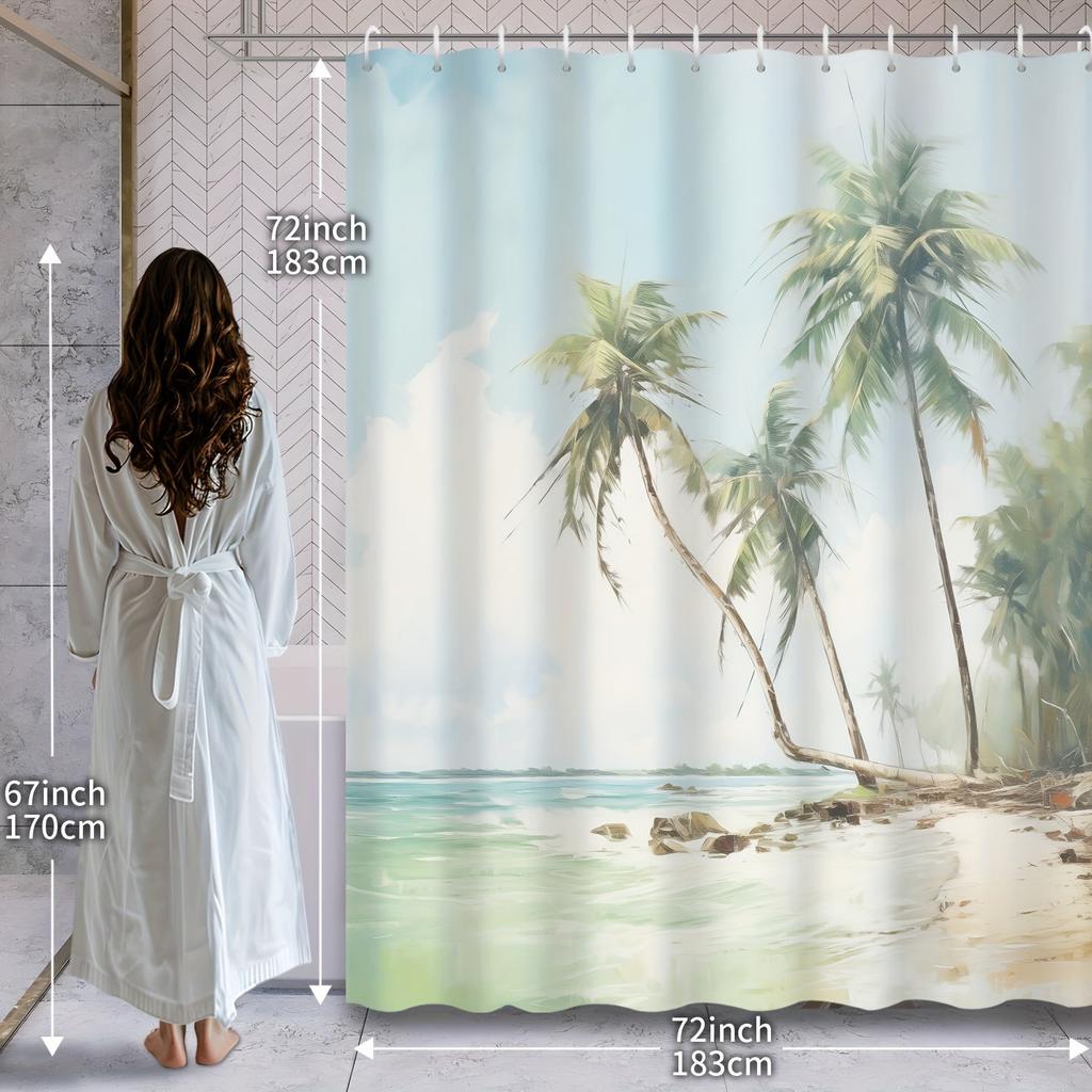 "Cartoon Summer Island Shower Curtain - Palm Tree & Beach Design, Polyester, 12 Hooks Included,Hotel-Style Bathroom Decor