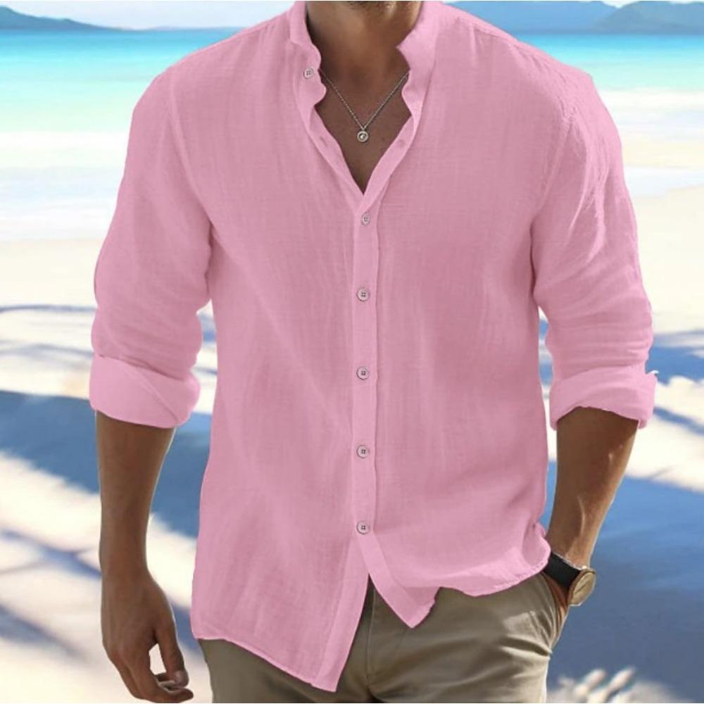 Men's Linen Button-Down Shirt Summer Beach Shirt Long-Sleeved Plain Stand Collar Spring/Summer Casual Everyday Wear