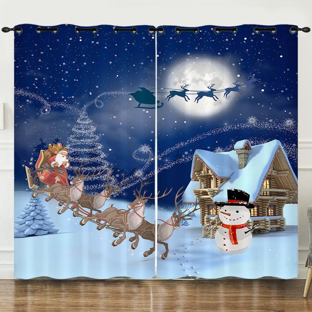 Christmas Day Curtains Blues Bedroom Sunshade Blackout Curtain No Punching