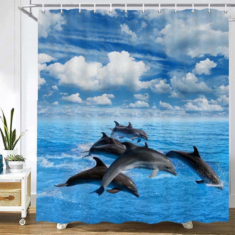 3D Printing Ocean Dolphin Bathroom Shower Curtain Sea Landscape Home Decoration Waterproof Polyester Curtain with Hook Curtain