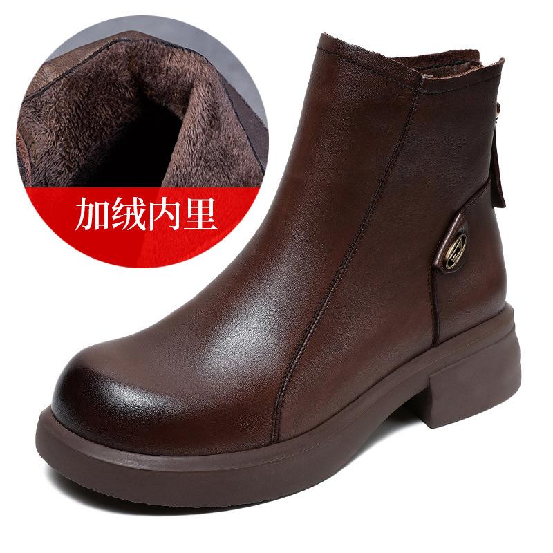 

Кожаная женская обувь Осень и Зима Британский стиль Воловья кожа Мартин Мода Задняя молния Короткие Челси Одиночные 40