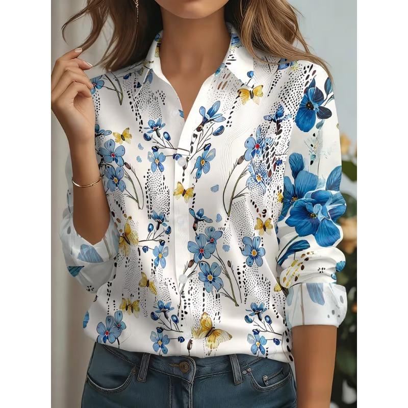 2026 Autumn New 3D Floral Print Blouse Ladies Long Sleeve Button Laple Loose Shirt Tops Casual Fashion Spring Women's Clothing