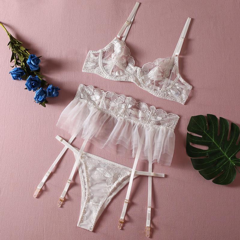 Lingerie Set Women Sexy Underwear Push Up Strappy Embroidered Mesh Sheer Lingerie Set See Through Panty Bra 3 Piece Langerie
