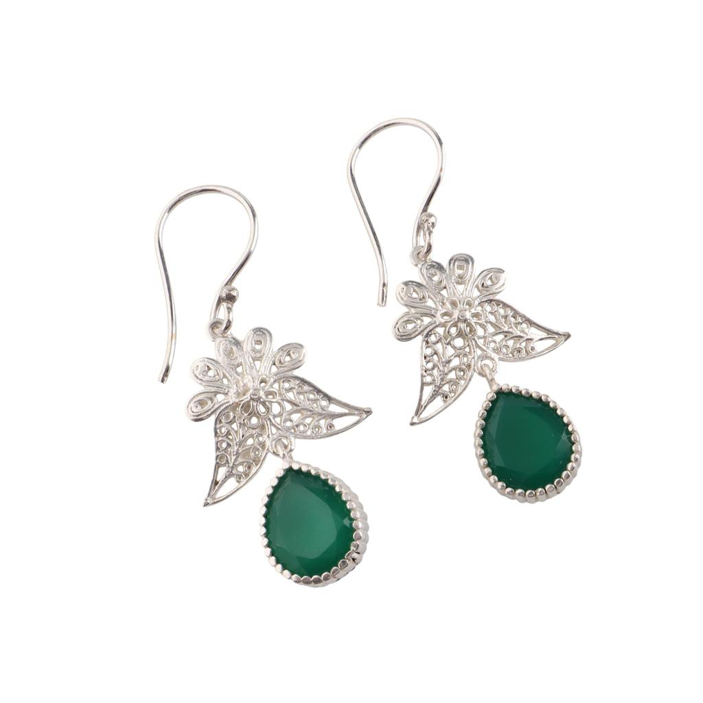 Green Onyx Gemstone 925 Sterling Silver Handmade Jewelry Dangle Earrings 1.84" May Birthmonth Jewelry For Women CE-23-15