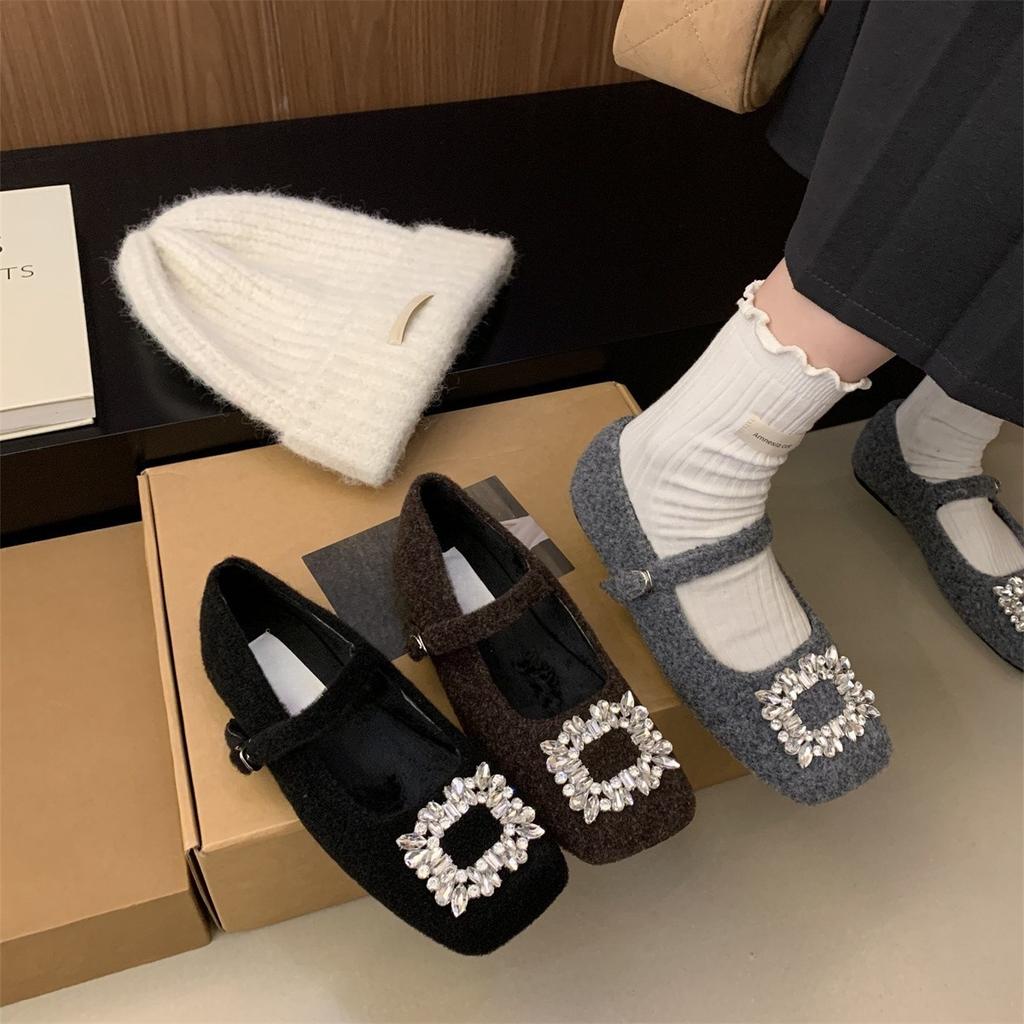 Evening Xiaoxiangfeng Square Diamond Word with Gray Velvet Small Single Shoes Soft Sole Warm Fluffy Mary Jane Cotton Shoes