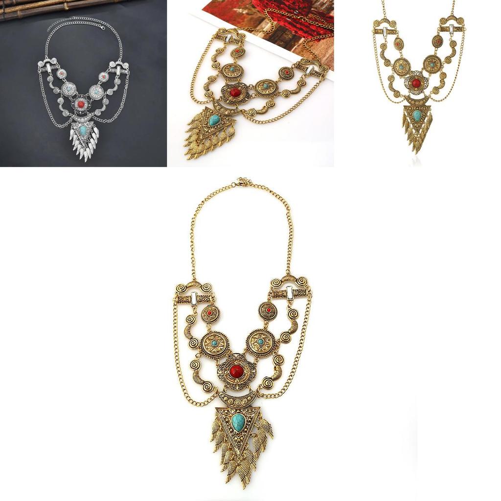 Ethnic Vintage Alloy Necklace With Geometric Pendant And Water Wave Chain For Women
