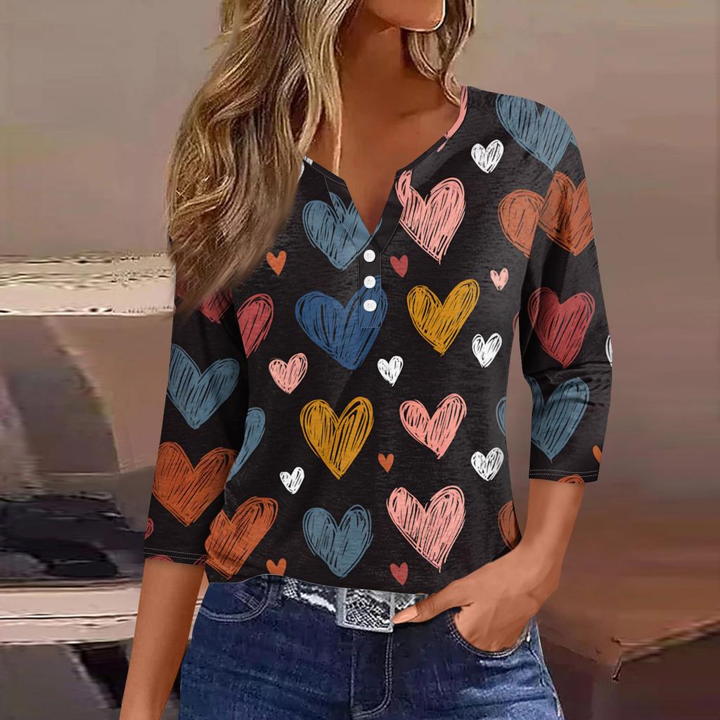 Women's  collar Valentine's Day print short-sleeved T-shirt top